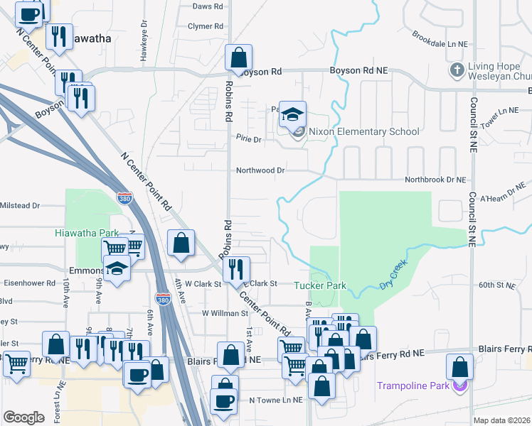 map of restaurants, bars, coffee shops, grocery stores, and more near 119 Chaffee Drive in Hiawatha
