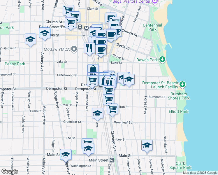 map of restaurants, bars, coffee shops, grocery stores, and more near 1303 Chicago Avenue in Evanston