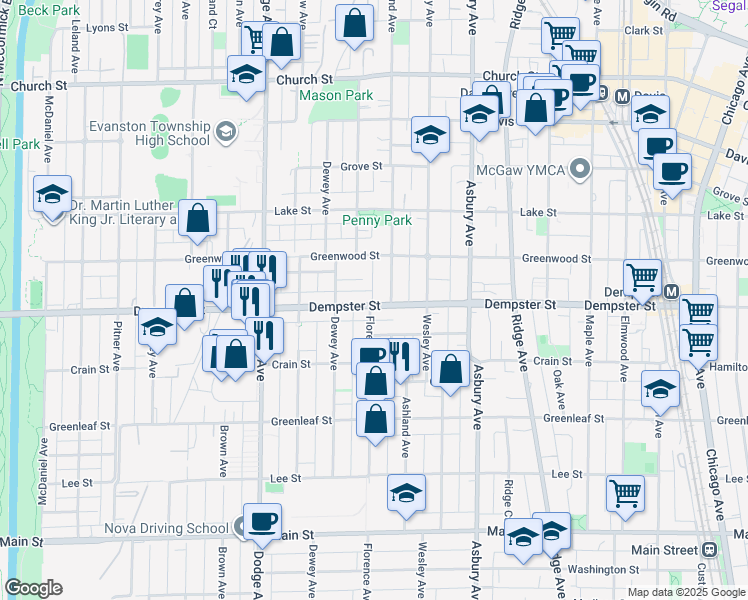 map of restaurants, bars, coffee shops, grocery stores, and more near 1600 Thelin Court in Evanston
