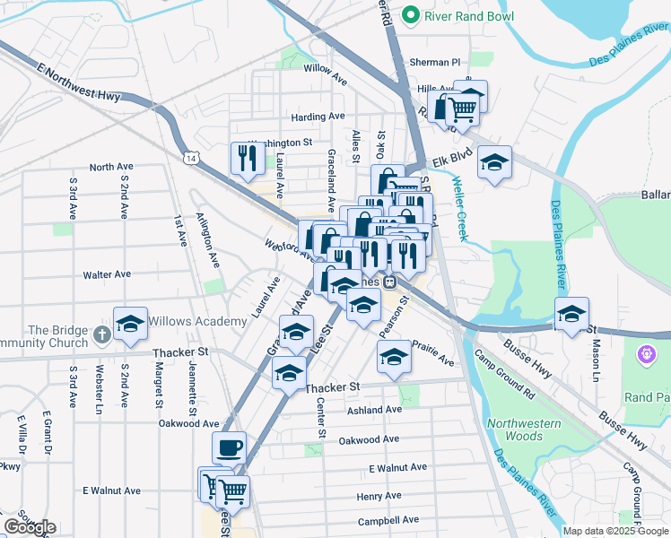 map of restaurants, bars, coffee shops, grocery stores, and more near 1622 Graceland Avenue in Des Plaines