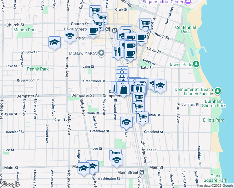 map of restaurants, bars, coffee shops, grocery stores, and more near 1318 Elmwood Avenue in Evanston