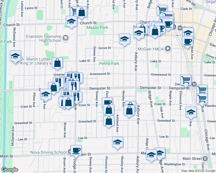 map of restaurants, bars, coffee shops, grocery stores, and more near 1600 Thelin Court in Evanston