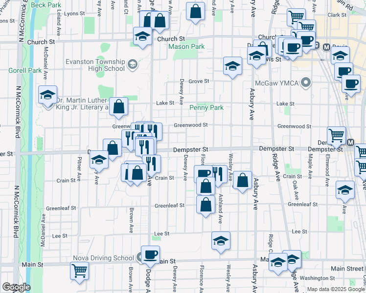 map of restaurants, bars, coffee shops, grocery stores, and more near 1315 Dewey Avenue in Evanston