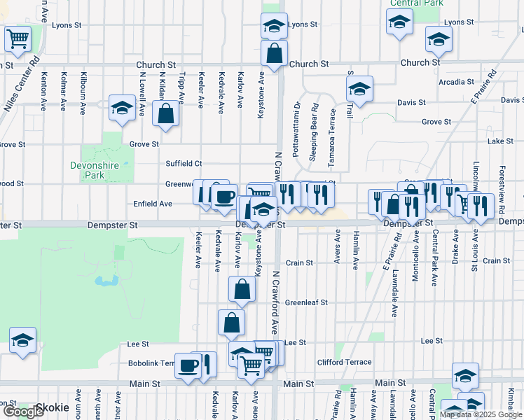 map of restaurants, bars, coffee shops, grocery stores, and more near 4030 Enfield Avenue in Skokie