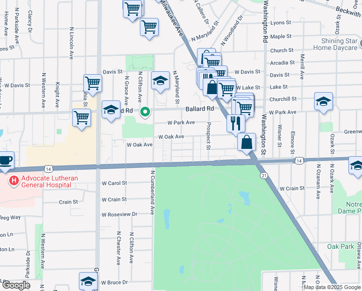 map of restaurants, bars, coffee shops, grocery stores, and more near 8255 West Oak Avenue in Niles
