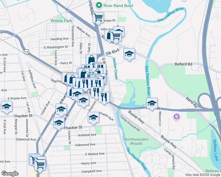 map of restaurants, bars, coffee shops, grocery stores, and more near 1646 River Street in Des Plaines