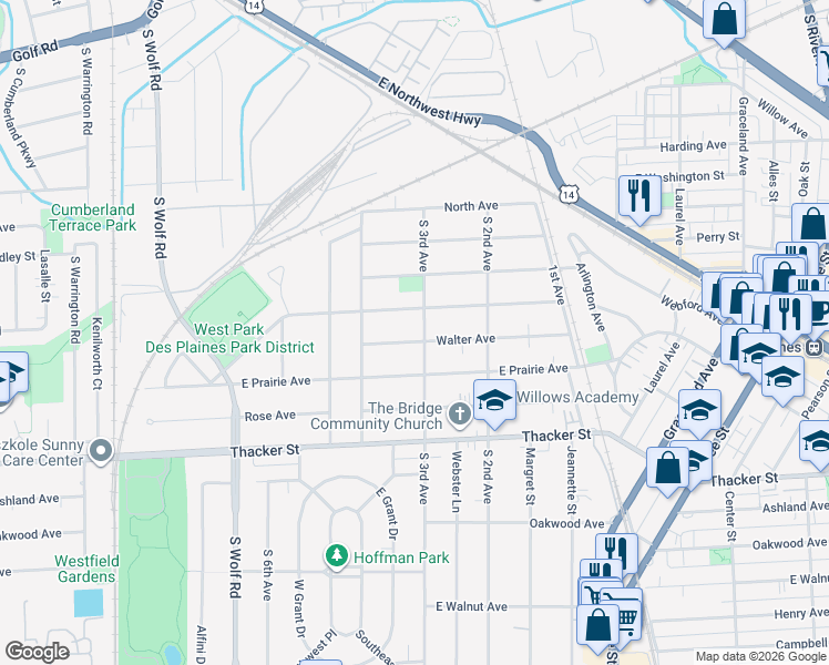 map of restaurants, bars, coffee shops, grocery stores, and more near 905 Greenview Avenue in Des Plaines