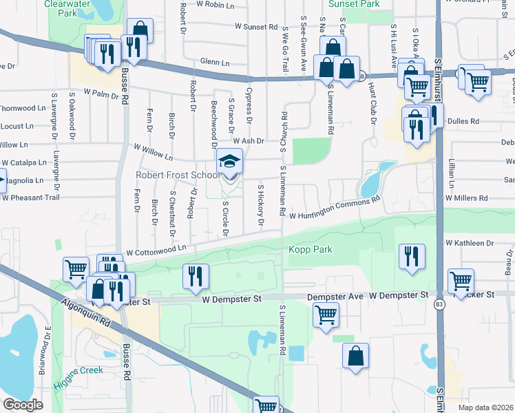 map of restaurants, bars, coffee shops, grocery stores, and more near 1405 Cypress Drive in Mount Prospect