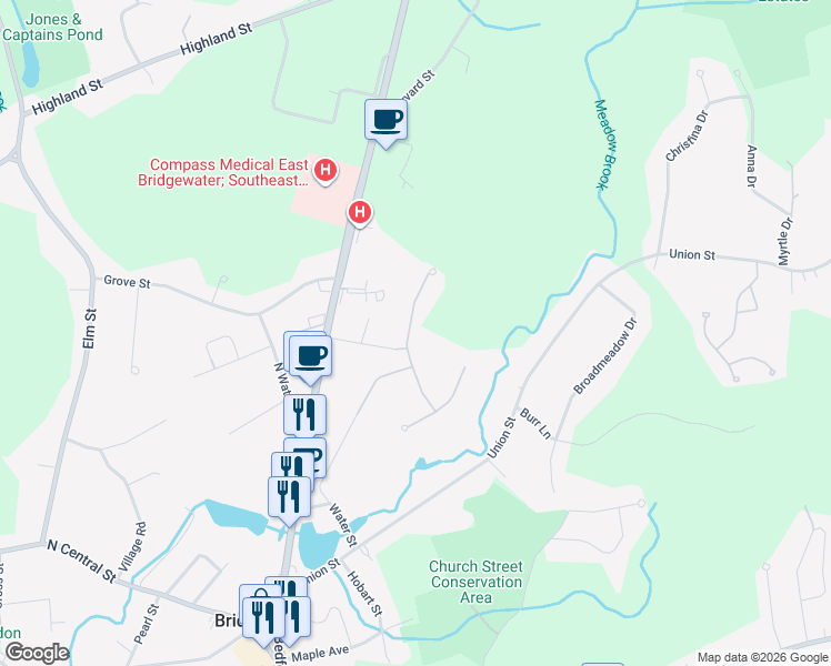 map of restaurants, bars, coffee shops, grocery stores, and more near 33 Rodeo Drive in East Bridgewater