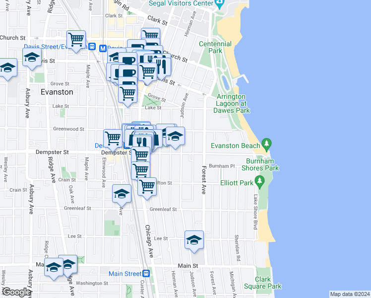 map of restaurants, bars, coffee shops, grocery stores, and more near 1307 Judson Avenue in Evanston