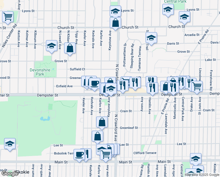 map of restaurants, bars, coffee shops, grocery stores, and more near 4030 Enfield Avenue in Skokie