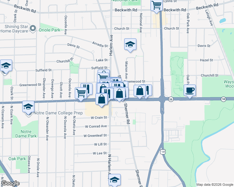 map of restaurants, bars, coffee shops, grocery stores, and more near 8829 Harlem Avenue in Morton Grove