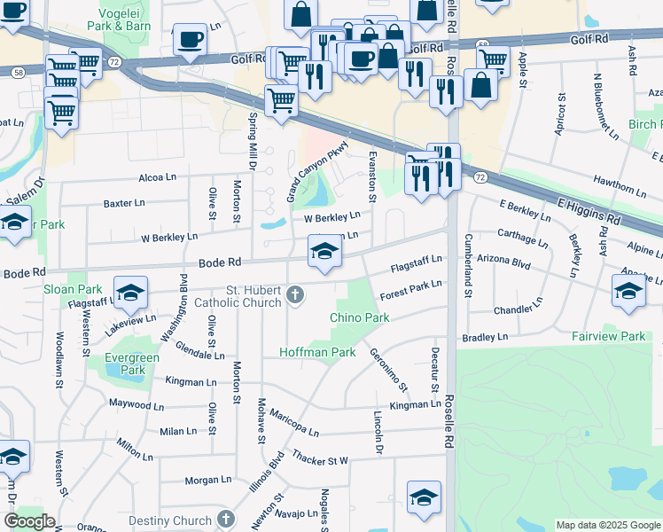 map of restaurants, bars, coffee shops, grocery stores, and more near 256 Bode Road in Hoffman Estates