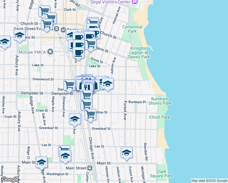 map of restaurants, bars, coffee shops, grocery stores, and more near 1307 Judson Avenue in Evanston
