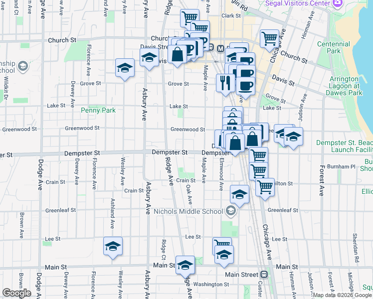 map of restaurants, bars, coffee shops, grocery stores, and more near 1033 Dempster Street in Evanston