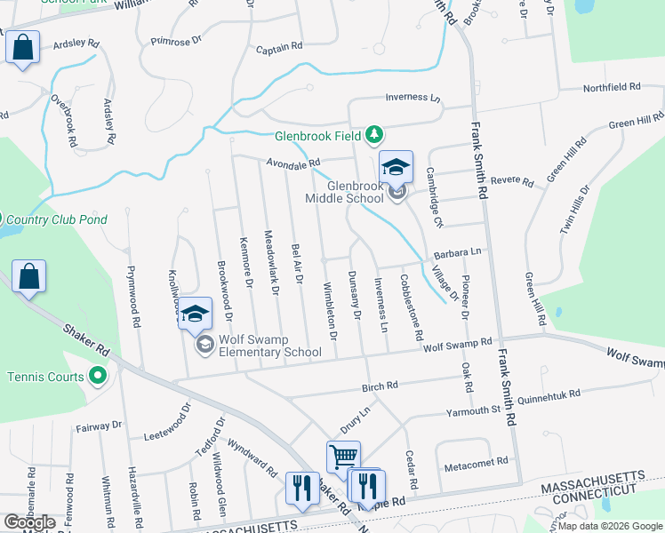 map of restaurants, bars, coffee shops, grocery stores, and more near 136 Dunsany Drive in Longmeadow