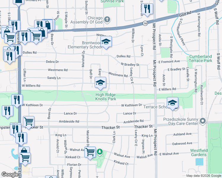 map of restaurants, bars, coffee shops, grocery stores, and more near 240 West Millers Road in Des Plaines