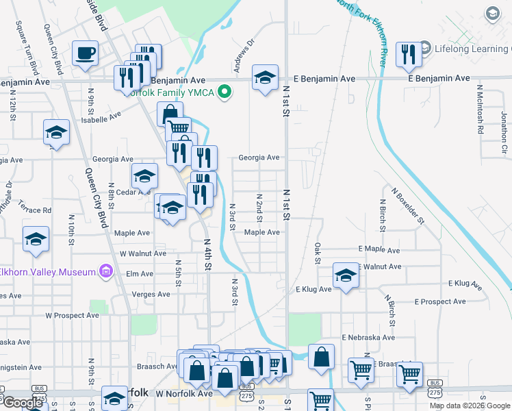 map of restaurants, bars, coffee shops, grocery stores, and more near 139-199 Cedar Avenue in Norfolk