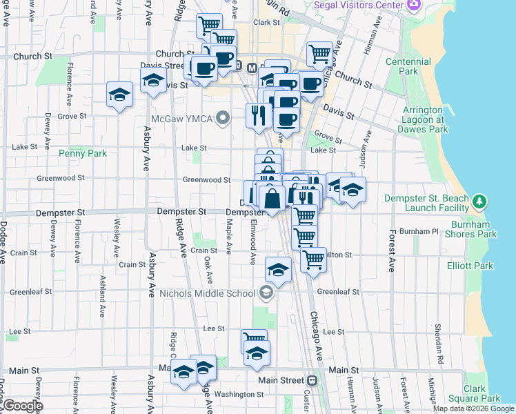 map of restaurants, bars, coffee shops, grocery stores, and more near 1303 Elmwood Avenue in Evanston