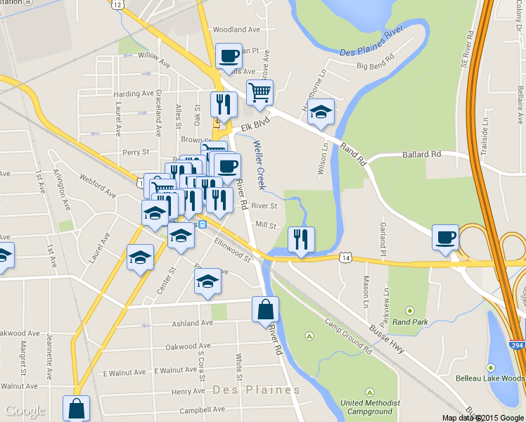 map of restaurants, bars, coffee shops, grocery stores, and more near 1646 River Street in Des Plaines