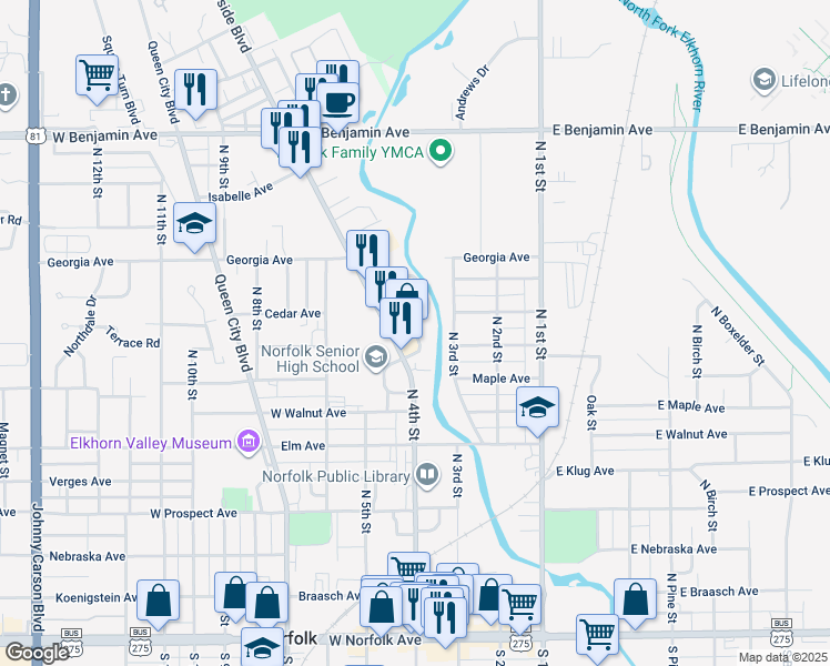 map of restaurants, bars, coffee shops, grocery stores, and more near 910 Riverfront Road in Norfolk