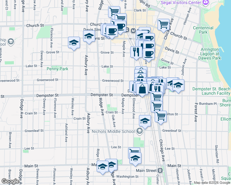 map of restaurants, bars, coffee shops, grocery stores, and more near 1021 Dempster Street in Evanston