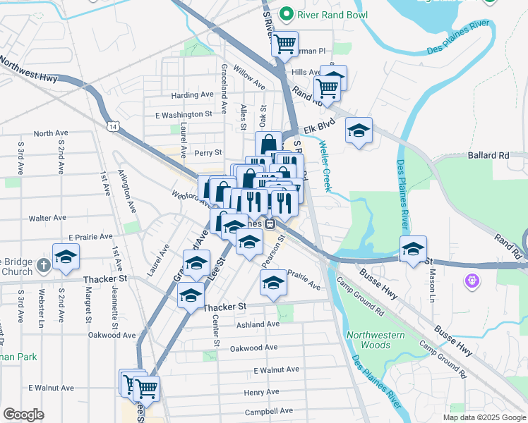 map of restaurants, bars, coffee shops, grocery stores, and more near 1488 East Northwest Highway in Des Plaines