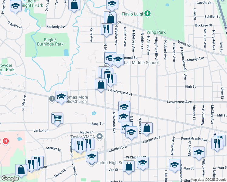 map of restaurants, bars, coffee shops, grocery stores, and more near 292 North Weston Avenue in Elgin