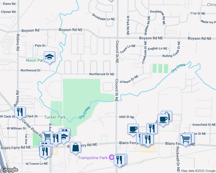 map of restaurants, bars, coffee shops, grocery stores, and more near 1664 Greens Way Court Northeast in Cedar Rapids