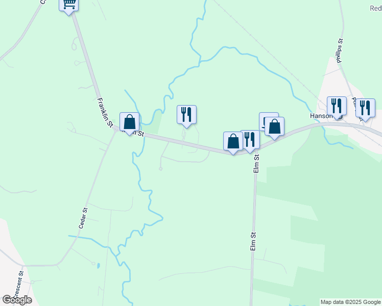 map of restaurants, bars, coffee shops, grocery stores, and more near 1482 Main Street in Hanson