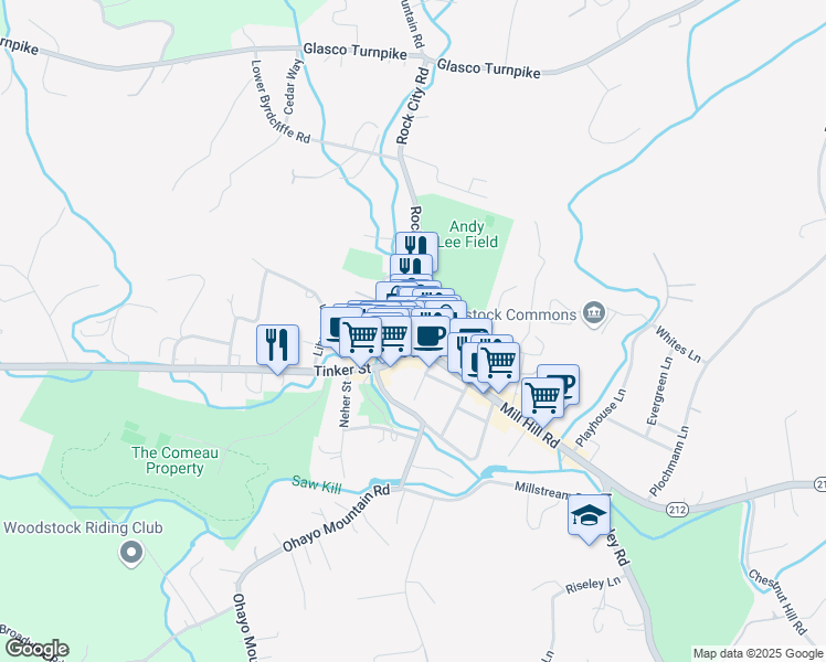 map of restaurants, bars, coffee shops, grocery stores, and more near 16 Rock City Road in Woodstock
