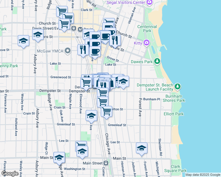 map of restaurants, bars, coffee shops, grocery stores, and more near 1322 Hinman Avenue in Evanston