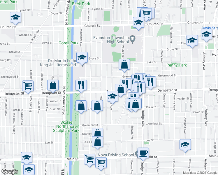 map of restaurants, bars, coffee shops, grocery stores, and more near 2120 Greenwood Street in Evanston