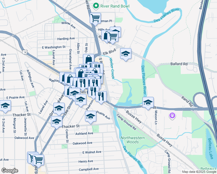 map of restaurants, bars, coffee shops, grocery stores, and more near 1646 River Street in Des Plaines