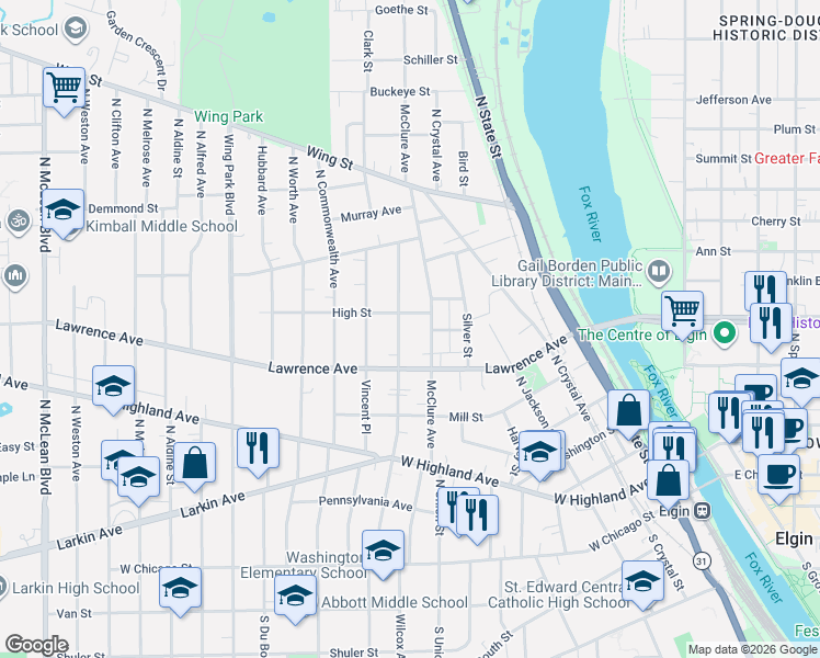 map of restaurants, bars, coffee shops, grocery stores, and more near 353 Hamilton Avenue in Elgin