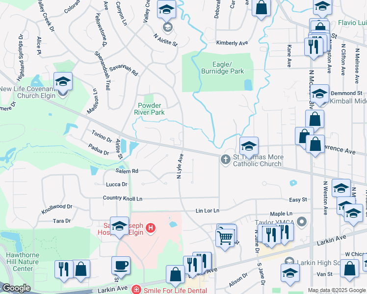 map of restaurants, bars, coffee shops, grocery stores, and more near 317 North Lyle Avenue in Elgin