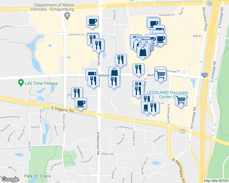 map of restaurants, bars, coffee shops, grocery stores, and more near 1501 East Woodfield Road in Schaumburg
