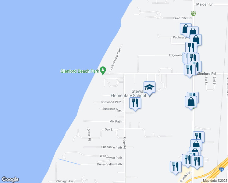 map of restaurants, bars, coffee shops, grocery stores, and more near 4204 Ridge Road in Stevensville