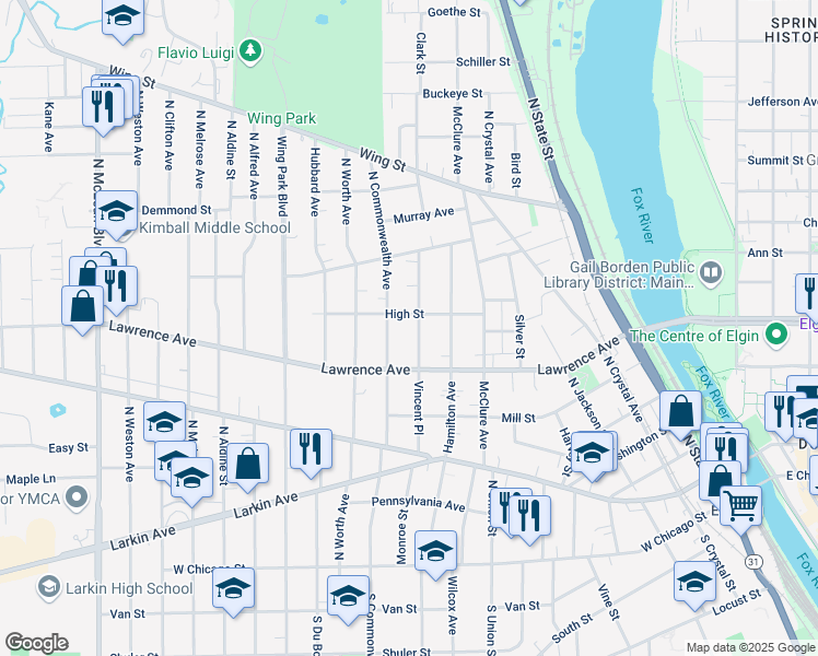 map of restaurants, bars, coffee shops, grocery stores, and more near 820 High Street in Elgin