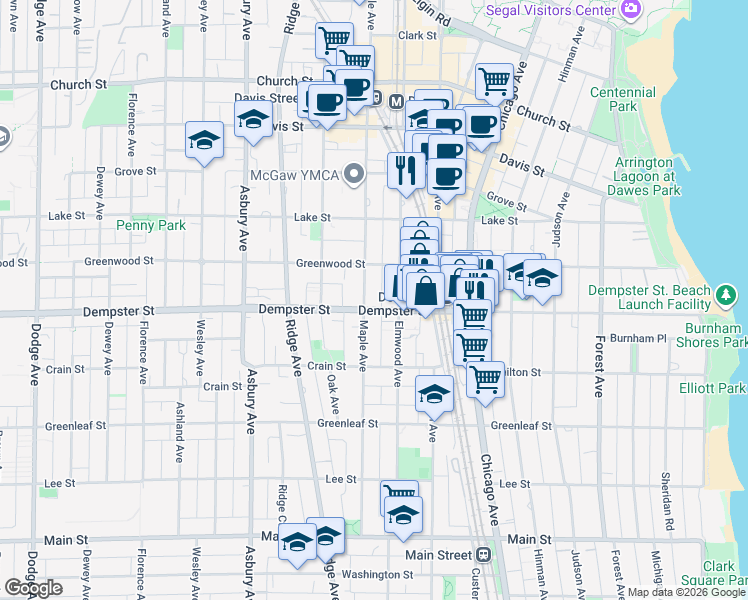 map of restaurants, bars, coffee shops, grocery stores, and more near 1307 Maple Avenue in Evanston