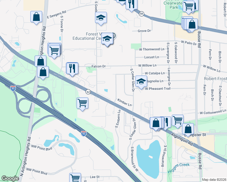 map of restaurants, bars, coffee shops, grocery stores, and more near 2418 South Embers Lane in Arlington Heights