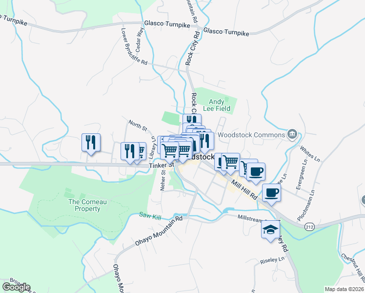 map of restaurants, bars, coffee shops, grocery stores, and more near 31 Mountainview Avenue in Woodstock