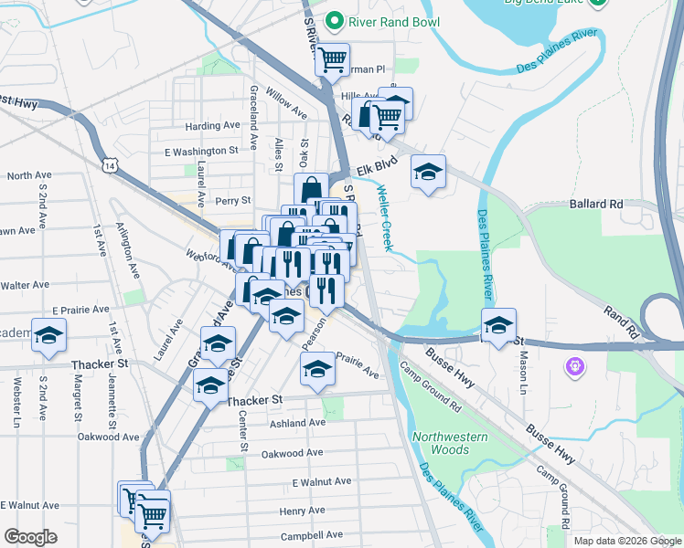 map of restaurants, bars, coffee shops, grocery stores, and more near 656 Pearson Street in Des Plaines