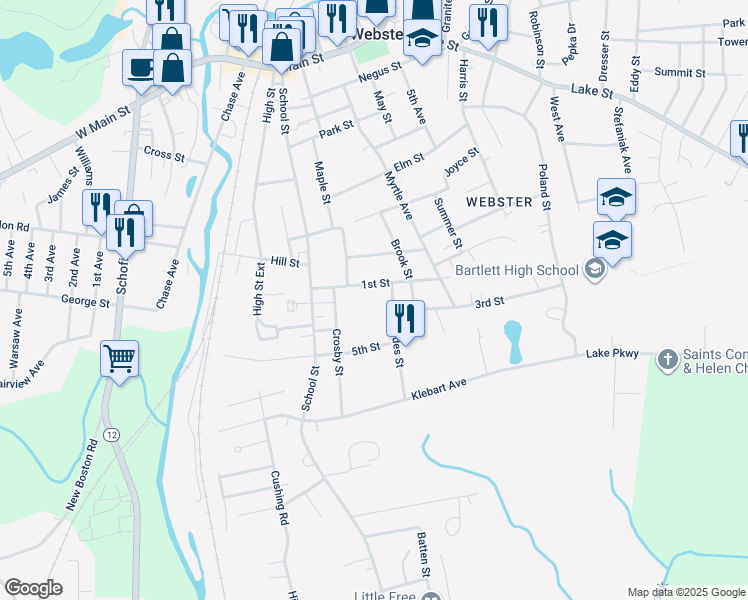 map of restaurants, bars, coffee shops, grocery stores, and more near 30 1st Street in Webster