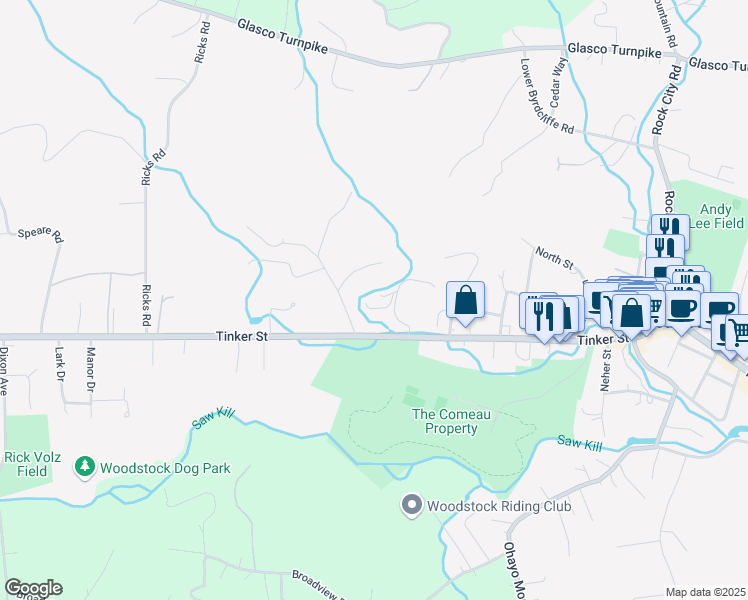 map of restaurants, bars, coffee shops, grocery stores, and more near 2-16 Schoonmaker Lane in Woodstock