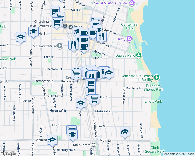 map of restaurants, bars, coffee shops, grocery stores, and more near 1322 Hinman Avenue in Evanston