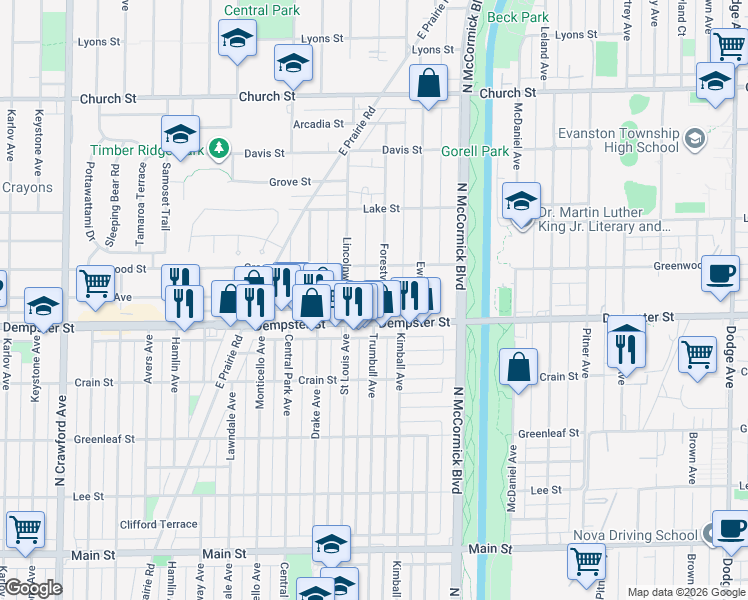 map of restaurants, bars, coffee shops, grocery stores, and more near 8841 Forestview Road in Evanston