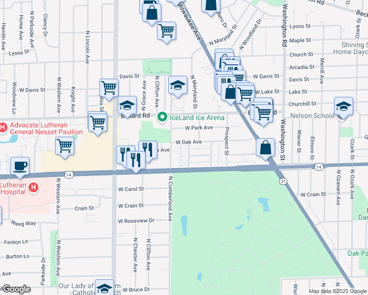 map of restaurants, bars, coffee shops, grocery stores, and more near 8293 West Oak Avenue in Niles