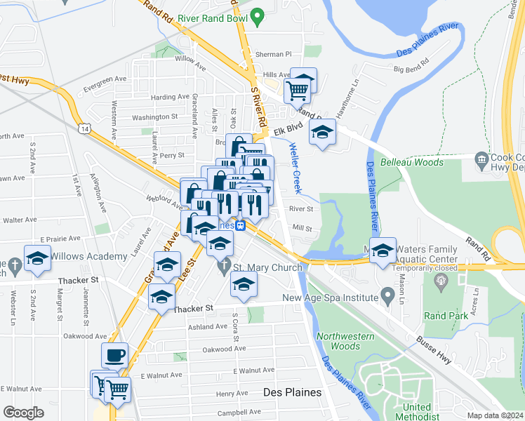 map of restaurants, bars, coffee shops, grocery stores, and more near 636 South River Road in Des Plaines