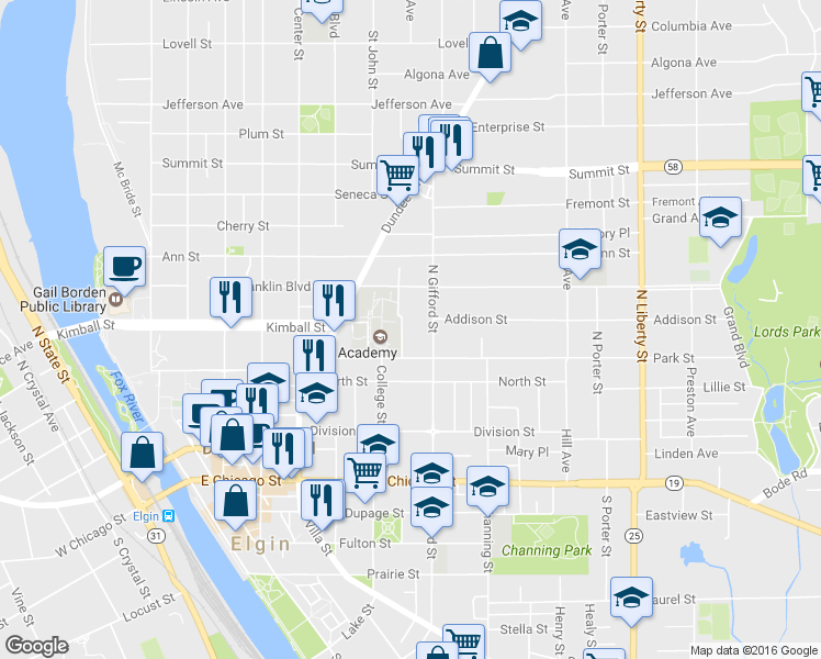 map of restaurants, bars, coffee shops, grocery stores, and more near 235 College Street in Elgin